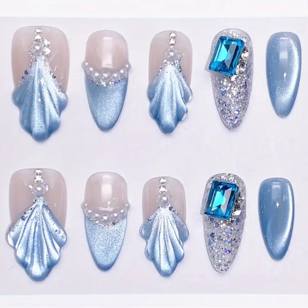 New Hamdmade Blue & Silver 3-D Acrylic Nail Art Set Medium 10 pc set Reusable